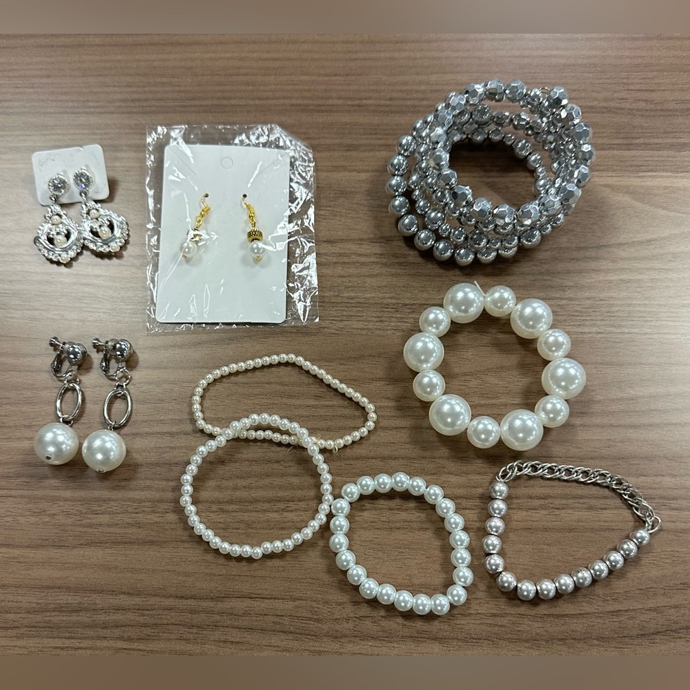 Faux Pearl Bracelets and Earrings + Silver Tone Bracelets Bundle